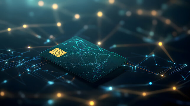 Futuristic fiber optic network background with bright light spots, credit card