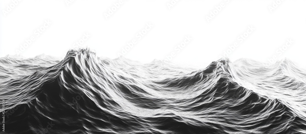 Aufkleber Black and white abstract ocean waves with dynamic textures in foreground, creating contrast against a bright white background.