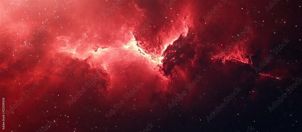 Poster Cosmic red background with radiant stardust and luminous light rays converging in the center, creating an atmospheric celestial scene.