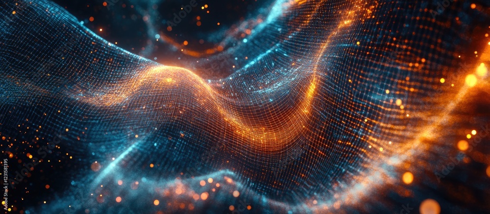 Poster Dynamic abstract background featuring flowing waves of blue and orange light with glowing particles creating a mesmerizing digital landscape.