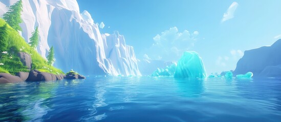 Obraz premium Serene landscape featuring vibrant blue iceberg glaciers floating in calm turquoise waters surrounded by lush green cliffs under a clear blue sky
