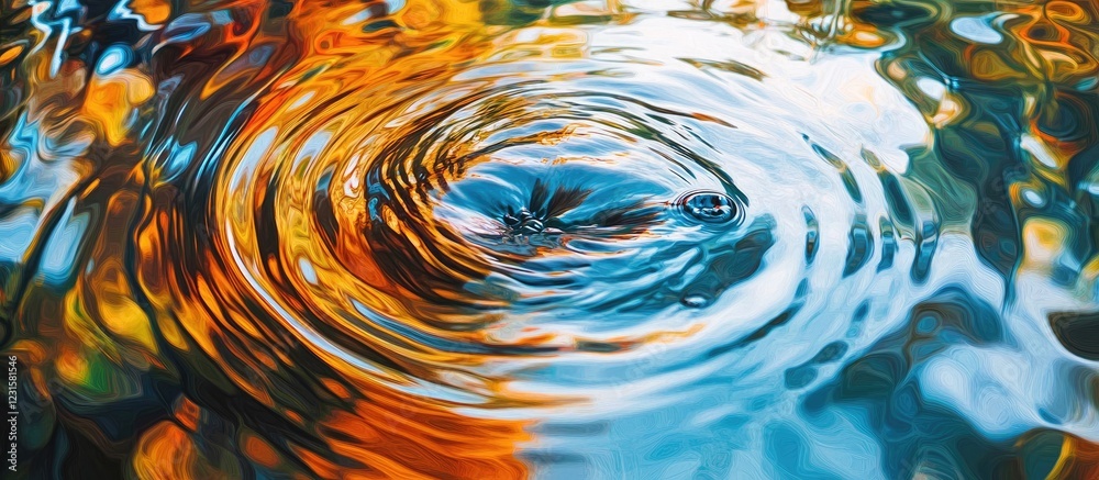 Aufkleber Mesmerizing circular ripples in clear water reflecting vibrant orange and blue hues with a blurred background creating a tranquil abstract scene