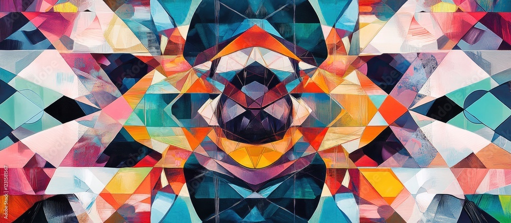 Fototapete Colorful abstract geometric patterns featuring blues, reds, and yellows arranged symmetrically creating a vibrant and dynamic composition.