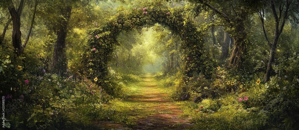 Poster Enchanting forest pathway in vibrant greens with a circular arch of foliage creating a magical entrance to serene summer landscapes.