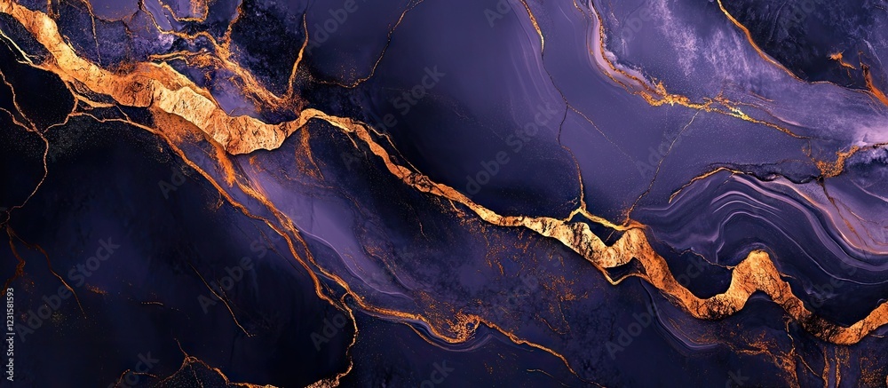 Poster luxurious purple and orange abstract marble texture with shimmering iridescent swirls and striking g