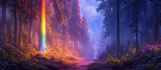Fototapeta premium Enchanted forest scene with vibrant rainbow pole left, serene purple and blue hues surrounding lush trees and glowing plants along the path