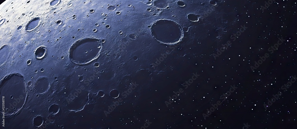 Poster cosmic background with dark blue hues features craters in the foreground and twinkling stars in the 