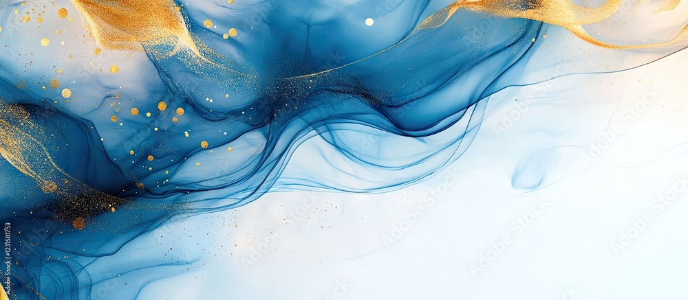 Aufkleber Elegant blue and gold swirling alcohol ink background with flowing patterns and subtle golden speckles, ideal for sophisticated design projects