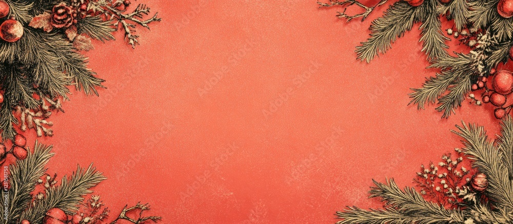 Poster festive red background with green pine branches and ornaments framing the edges creating a warm holi