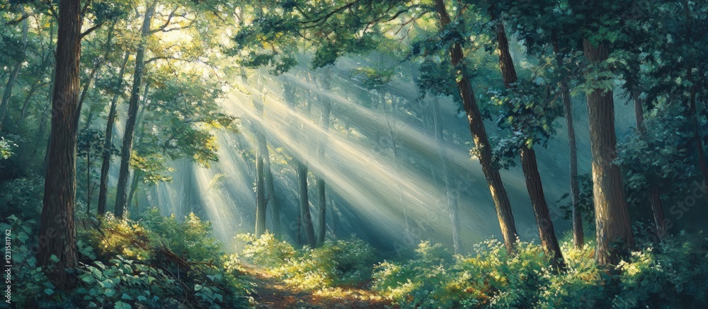 Aufkleber sunlight streams through dense green foliage in a tranquil forest, casting dynamic light and shadow 