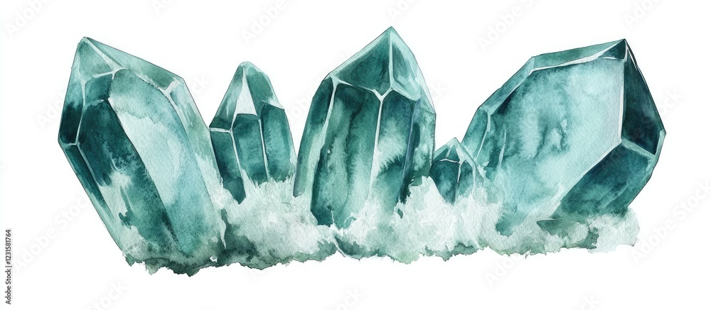 Poster translucent teal crystals with sharp edges, positioned at varying heights on a white background, sur