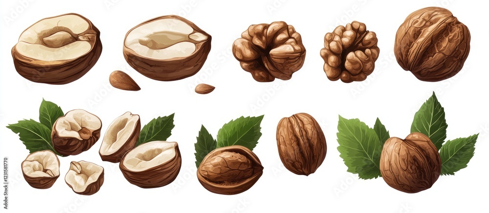 Poster detailed vector illustrations of various nuts including hazelnuts and walnuts, arranged on a white b