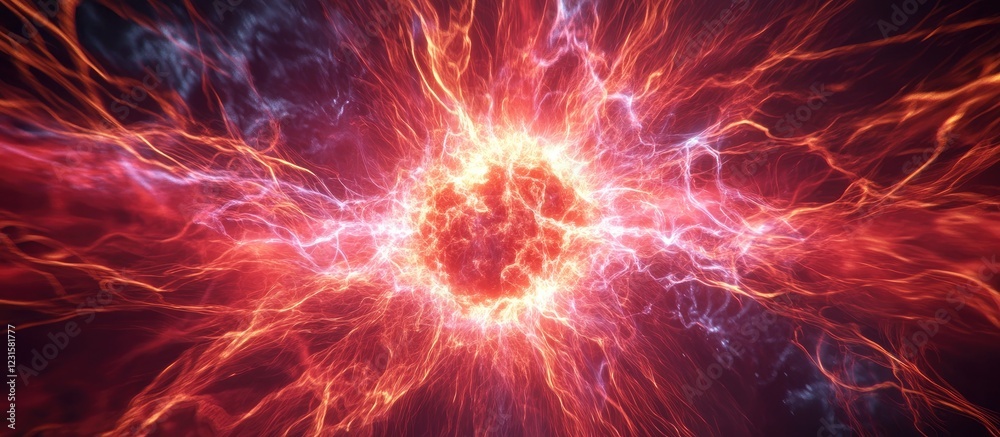 Poster vibrant swirling red plasma energy with electric blue accents emanating from the center creating a m