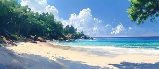 Obraz premium Serene tropical beach with soft white sand, vibrant turquoise waves, lush greenery on the left, and bright blue skies with fluffy clouds above.