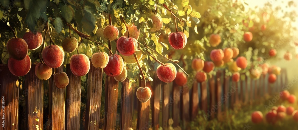 Poster ripe apples in warm red and golden hues dangle from lush green branches alongside a rustic wooden fe