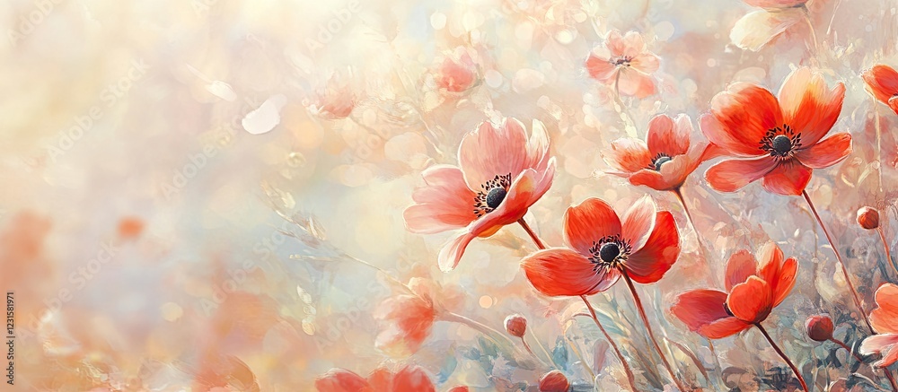 Poster vibrant red anemone flowers in soft focus on the right against a warm bokeh background showcasing de