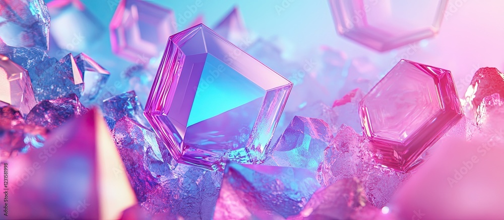 Aufkleber Vibrant pink and blue hexagonal and triangular crystalline shapes with radiant highlights creating a dynamic and enchanting composition ideal for promotions