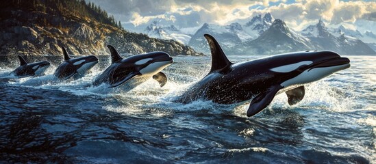 Fototapeta premium Majestic pod of killer whales swimming along a rocky ocean shoreline under a dramatic sky with mountains in the background, showcasing their natural behavior.