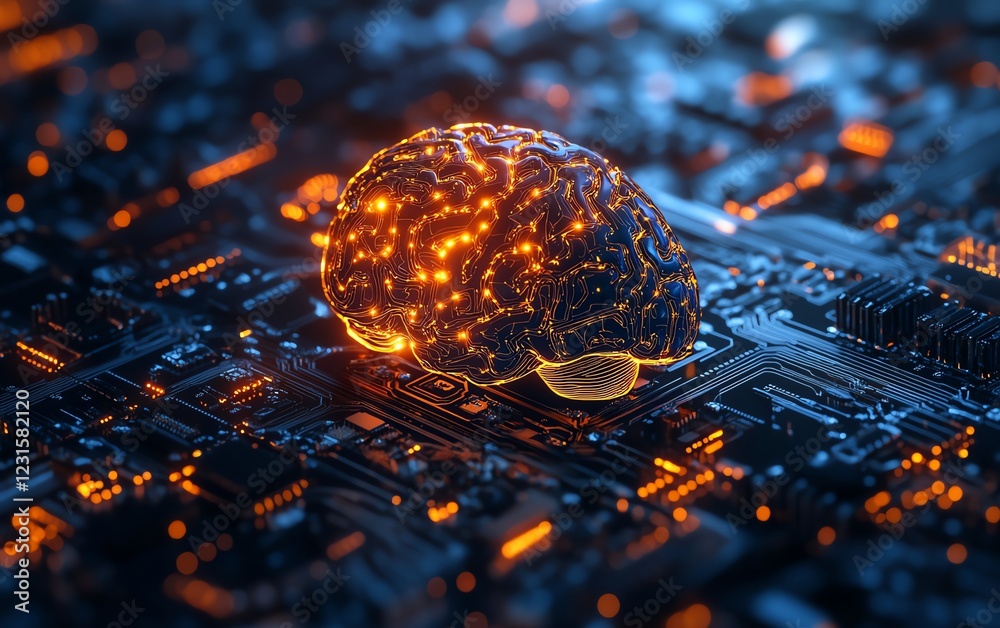 Poster illustration of a glowing human brain emerging from a digital processor