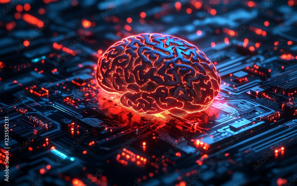 Poster illustration of a glowing human brain emerging from a digital processor