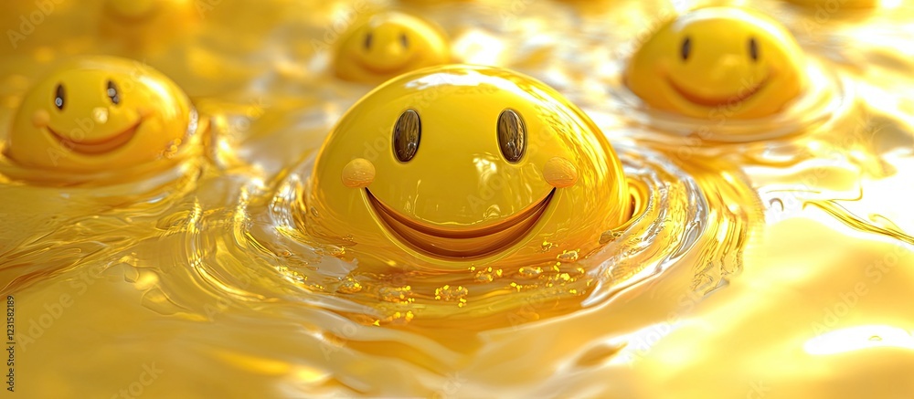 Poster Smiling yellow emoticons floating in vibrant liquid gold with soft ripples reflecting light in a cheerful, playful mood creating a joyful atmosphere.