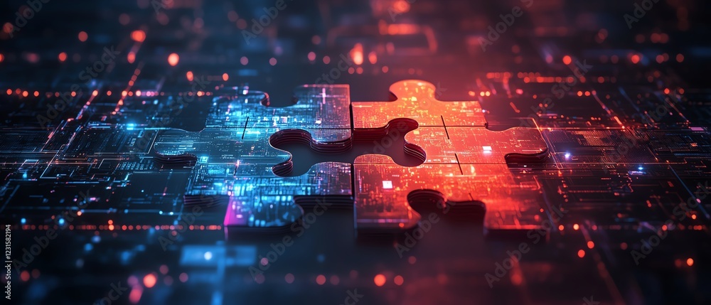 Poster Abstract digital scene showing two interlocking puzzle pieces