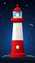 A solitary red and white lighthouse shining brightly under a starry night sky