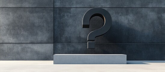 Upside down black question mark on a minimalist concrete platform against a textured gray wall emphasizing modern typography and design aesthetics