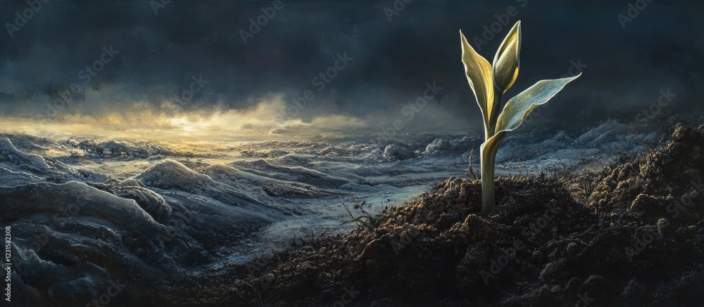 Poster lone green seedling emerges from dark soil under ominous clouds with soft golden light in background