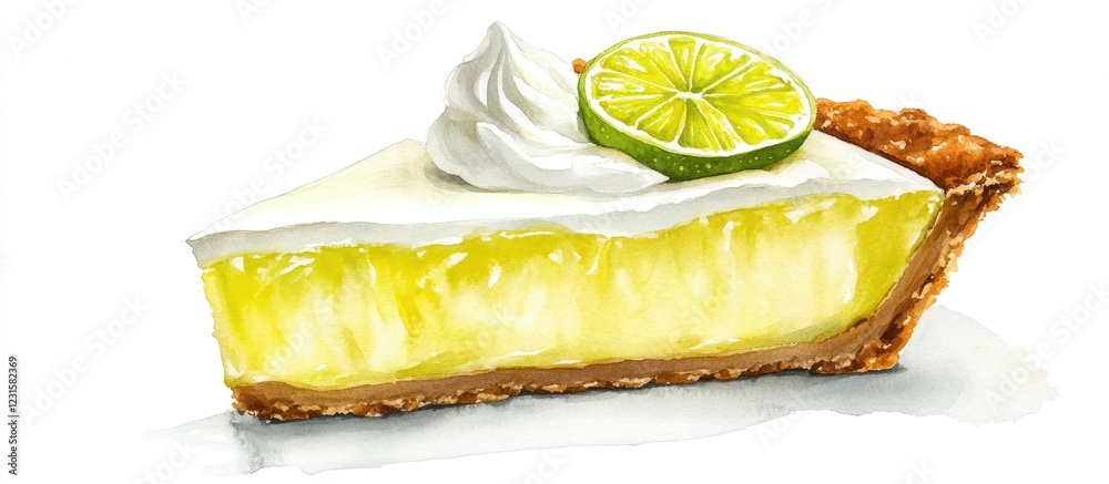 Poster vibrant watercolor illustration of a key lime pie slice with creamy yellow filling topped with whipp
