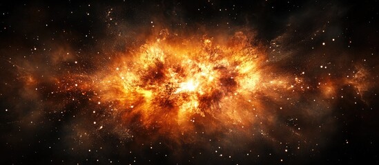 Fototapeta premium Vibrant cosmic explosion image with fiery orange and yellow hues surrounded by dark space and scattered stars depicting nebula and dark matter halo formation.