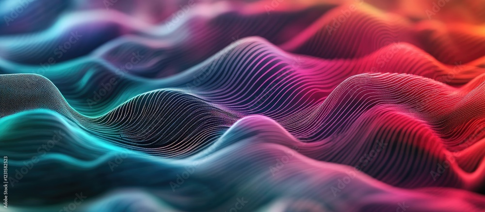 Poster gradient wave patterns in vibrant pink, blue, and purple tones flow across a soft blurred background