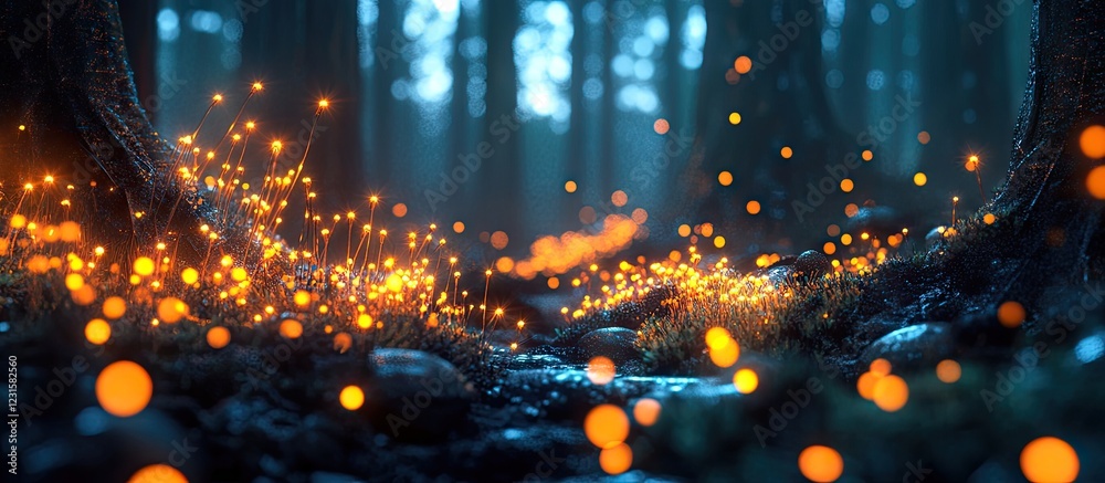 Aufkleber vibrant amber glowing fiber optic lights illuminate a dark forest scene with lush trees, creating a 
