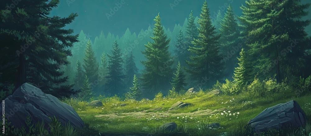 Poster serene forest landscape with abundant spruce trees in varying shades of green, soft light illuminati