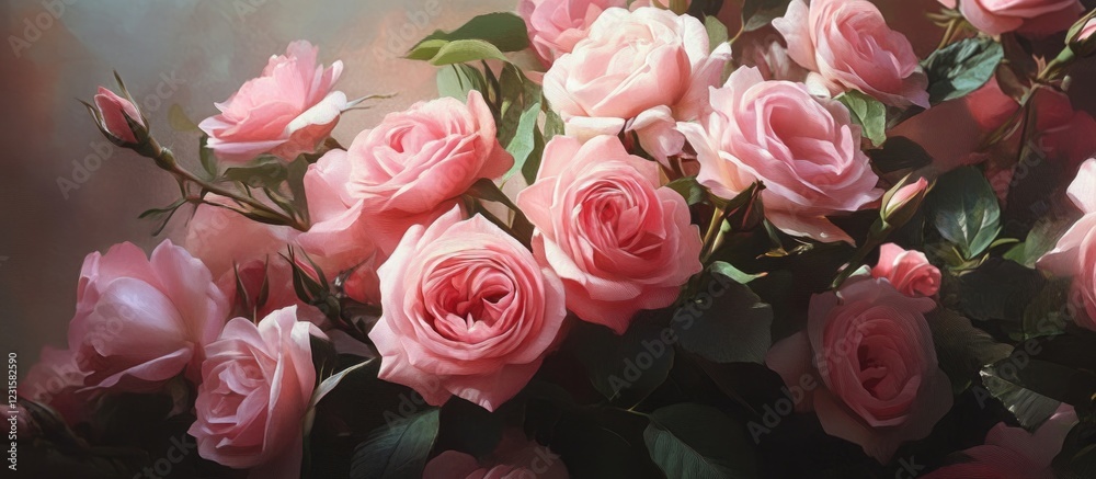 Poster delicate pink roses arranged elegantly with lush green leaves in a soft-focus background creating a 