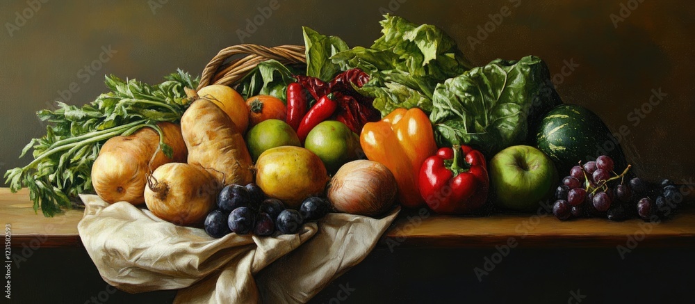 Poster Vibrant assortment of fresh vegetables and fruits in a rustic bag on a wooden table with greens reds yellows and purples creating a colorful display