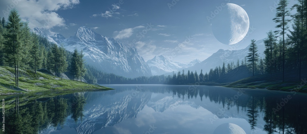Poster serene lake reflecting majestic mountains and a large moon under a blue sky with fluffy clouds surro