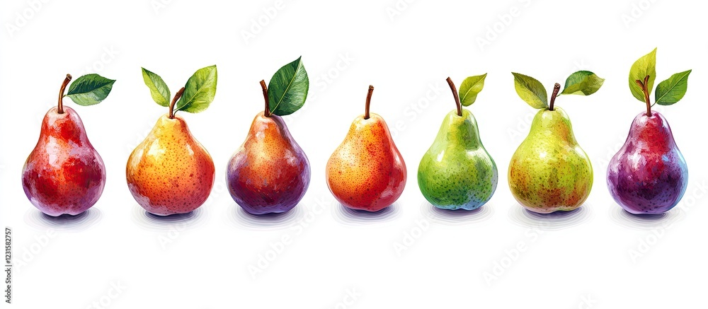 Poster Colorful array of fresh pears in shades of red, green and purple arranged in a row against a white background highlighting their textures and shapes