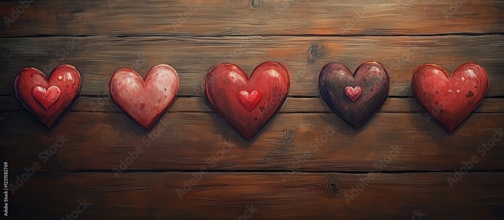 Poster decorative red and brown hearts arranged on a rustic wooden background creating a romantic and encha