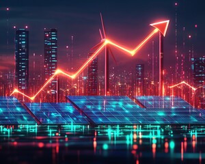 Futuristic illustration of rising energy prices represented by an upward arrow