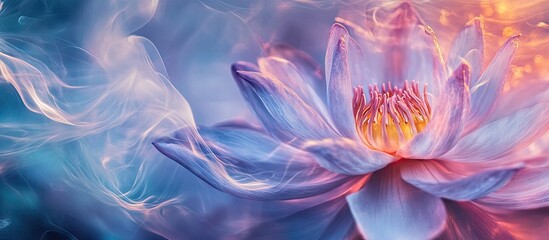 Obraz premium Dreamy close-up of a pastel pink lotus flower with soft blue background swirls and warm fiery highlights capturing tranquility and elegance.