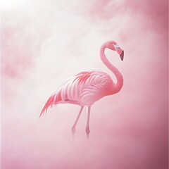 Fototapeta premium Pink flamingo in misty sunset, nature scene, peaceful wildlife