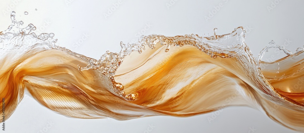 Aufkleber Fluid golden brown liquid waves with dynamic splashes on a light gray background, capturing movement and texture in a high-resolution image.