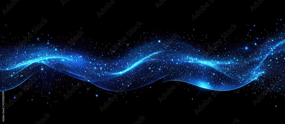 Fototapete Dark blue glitter wave with glowing particles in motion across a black background, creating a captivating abstract design suitable for multiple applications.