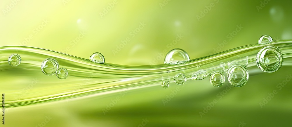 Aufkleber Clear green wave with bubbles on a soft gradient background, showcasing light reflections and water texture in horizontal composition.