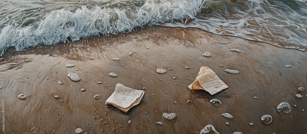 Aufkleber two discarded napkins on damp beach sand contrasting with the dark wet sand and ocean waves creating