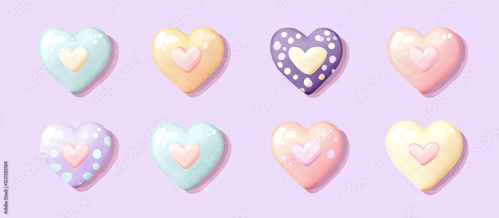 Poster colorful pastel heart-shaped candies arranged in a grid pattern on a soft lavender background, featu