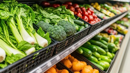 cost living groceries concept. Fresh vegetables neatly arranged on supermarket shelves.