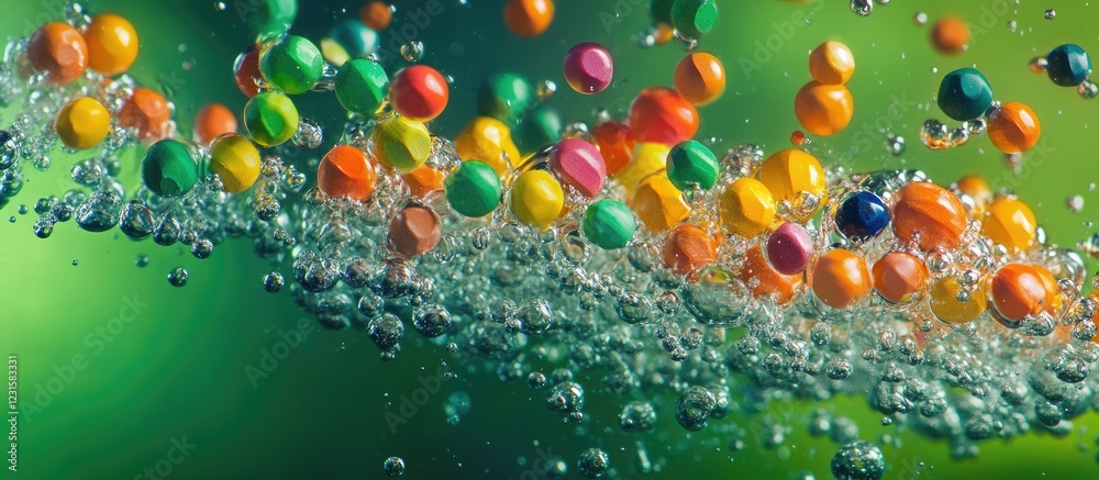 Poster vibrant composition of colorful pencil beads in water with bubbles against a smooth green background