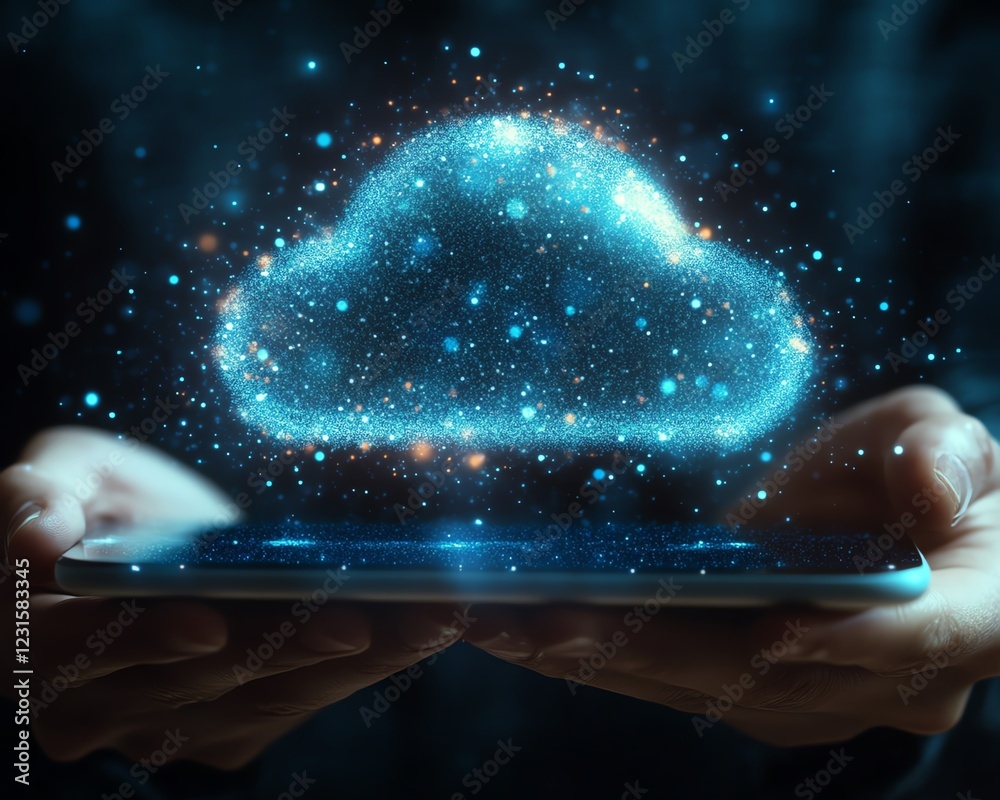 Poster Hands cupping a tablet with a glowing, interactive cloud icon, representing cloudbased data storage and computing, techforward, ultraHD, futuristic design